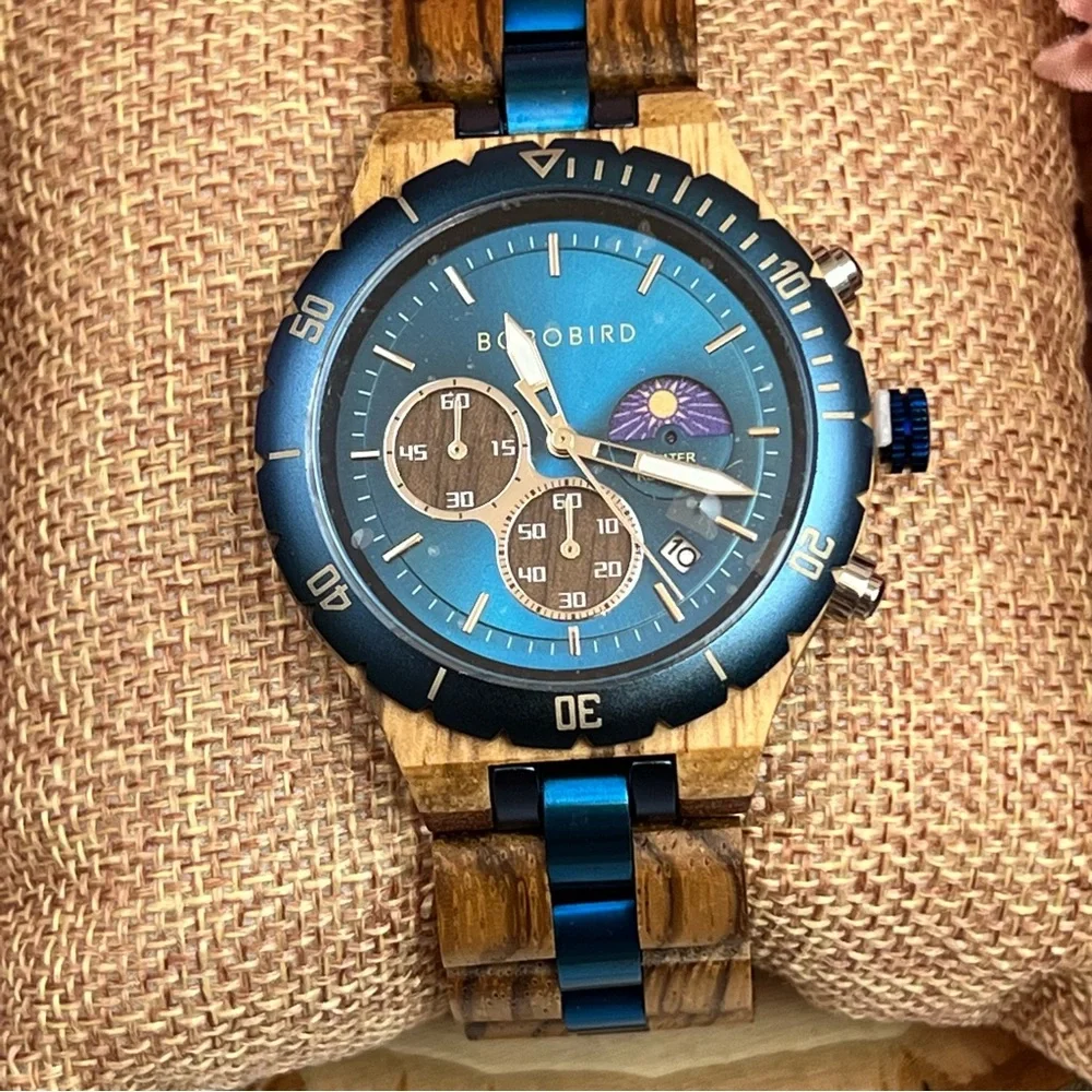 Luxury Zebra Wood Blue Chronograph Military Quartz Watch - Picture 8 of 16
